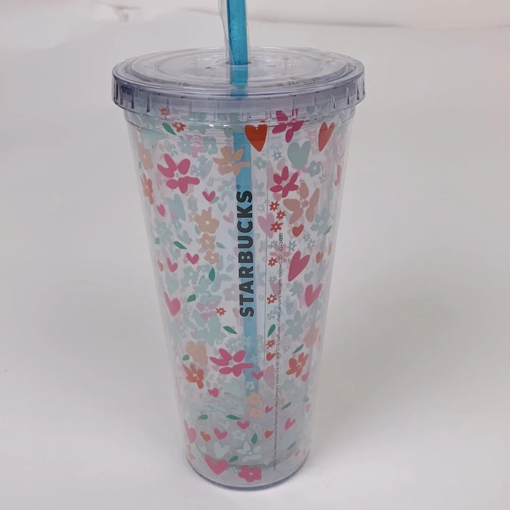 Starbucks tumbler beverage cup with straw. Floral design. Lid. BPA free. 20oz